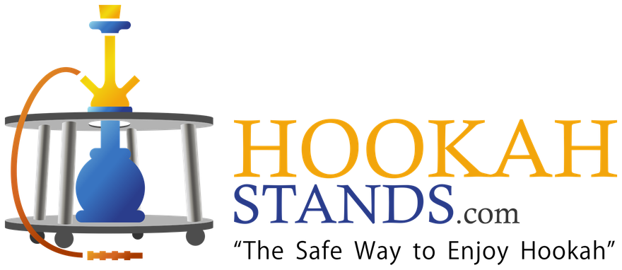 HookahStands.com — The Safe Way to Enjoy Hookah. A blue hookah held in a grey wheeled stand.